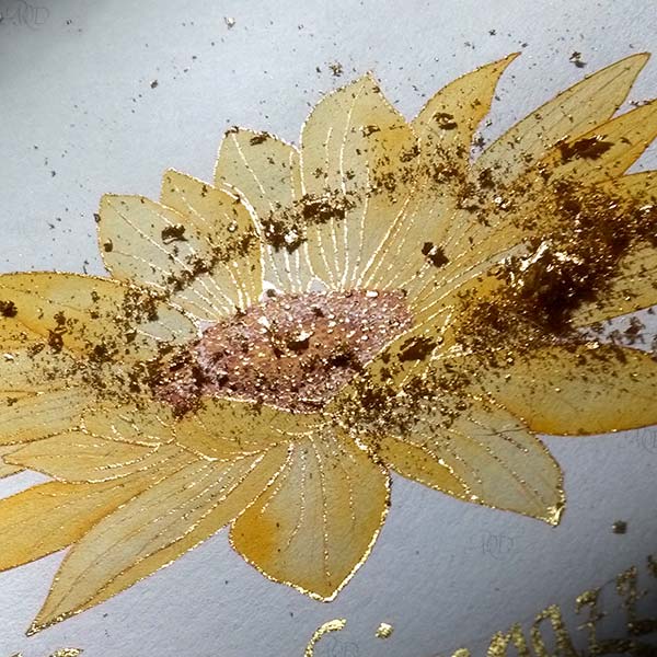 Girasole acquarellato e con foglia oro per un Libro d'autore